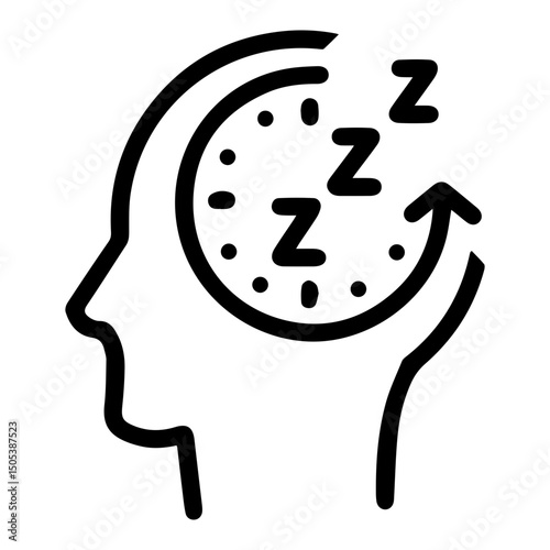 A human head in profile, containing a stylized clock face with prominent "Z" symbols and a circulating arrow (outline style). Symbolizes the mind's need for sleep, representing sleep cycles, rests