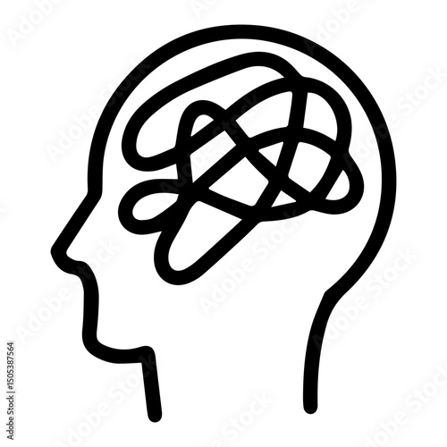A human head in profile, containing a dense, tangled, and chaotic mess of lines within (outline style). Symbolizes mental turmoil, confusion, stress, and overwhelming thoughts, state of inner disarray