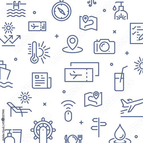 Monochrome seamless pattern of transport and travel icons, tourism and adventure symbols in blue line style, touristic background for decoration or wrapping flat vector illustration.