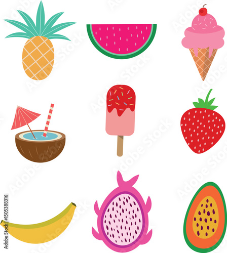 Summer fruits and food 9 icon collection set featuring watermelon, banana, ice cream, strawberries and pineapple. For stickers, scrapbooking and clip art