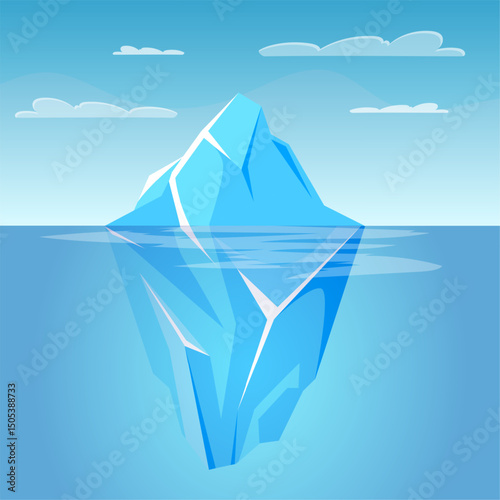 Underwater iceberg. Ice berg floating in sea water, glacier tip and underwater part arctic ocean mountain polar rock antarctic climate concept cartoon vector illustration