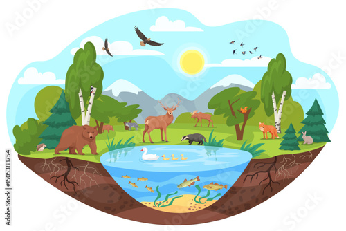 Forest animal ecosystem. Biodiversity different earth nature habitats, wild life environment fauna flora tree plant water pond biosphere organism species, neat vector illustration