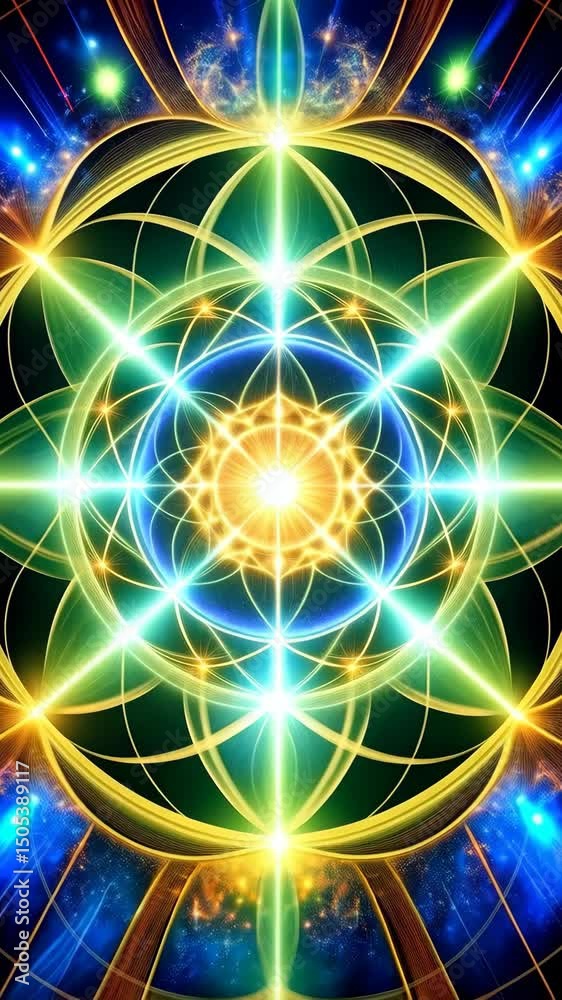 Abstract kaleidoscopic design with glowing lines, shapes, and celestial blue and yellow color palette against a dark backdrop.
