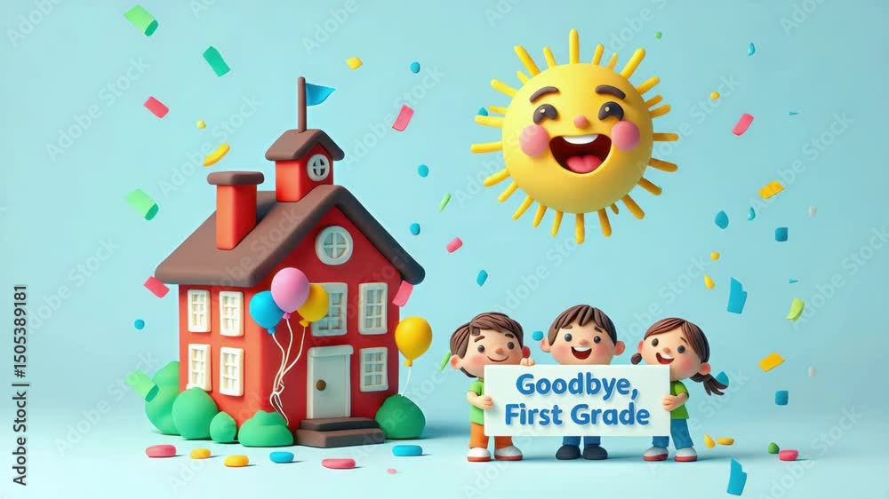 Smiling children holding “Goodbye, First Grade” banner in front of school building with balloons, sun, and confetti for themes of end of school year, childhood education, and celebration