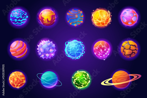 Magic alien planets. Cartoon fantasy planet different surface asteroid ball, galaxy space world cosmic universe orbit ufo cosmos game ui elements set, swanky vector illustration
