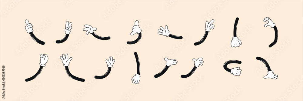 © Ekaterina_Balashova - Groovy retro cartoon character hands, arms collection. Funky comic psychedelic mascot elements, parts. 60s, 70s, 80s hippie vector illustration set.