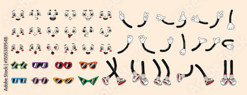 Groovy retro cartoon funky comic psychedelic character parts: legs, hands, faces. Mascot elements, different poses and angles. 60s, 70s, 80s hippie vector illustration set.