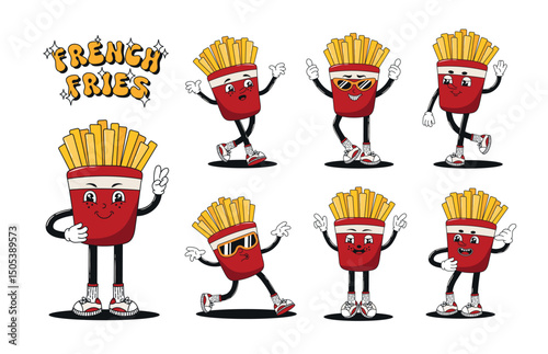 Retro cartoon french fries character set. Groovy funky fast food mascot with happy smiling face, different poses and angles collection. 60s, 70s, 80s hippie psychedelic vector illustrations.
