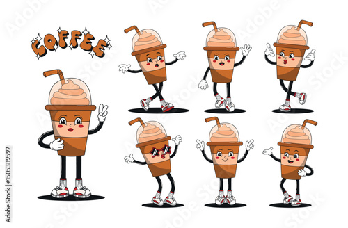 Retro cartoon coffee cup, glass character set. Groovy funky comic 60s, 70s, 80s mascot with happy smiling face collection, different poses and angles. Hippie psychedelic vector illustrations.