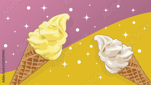 Yellow and cream ice cream cone on pastel pink and orange background.