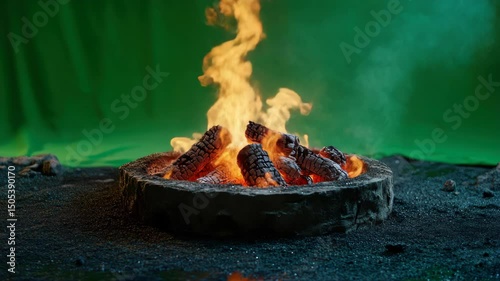 Crackling Campfire Scene Set Against a Vibrant Green Screen Backdrop Setting