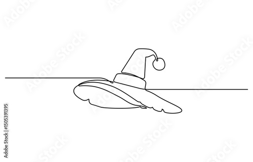 Witch hat one line art. Continuous line drawing of Halloween theme, autumn mood, horrible, performance, fortune teller, gypsy, magic attribute, Halloween costume.