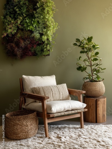 Wooden armchair and woven basket in a cozy room with a living wall.
