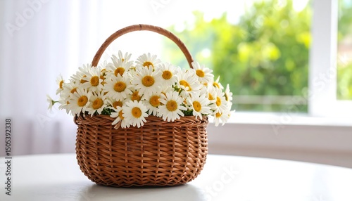 Daisies in wicker basket with window view.