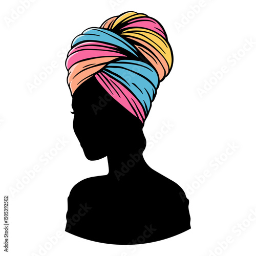 Black silhouette of a woman in a colorful traditional headdress or turban. Can represent African or other cultural styles. No background. Perfect for beauty, fashion, or ethnic design.