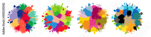 Collection of creative artistic bright staines. Set of watercolor backgrounds. Round shapes with brushing strokes. Colorful blobs. Backdrop design. Isolated graphic elements with vibrant hues.