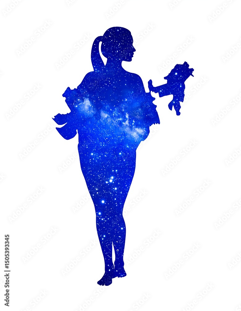 Obraz premium A serene silhouette of a woman cradling her baby in one arm, gazing up at a starry night sky, evoking feelings of wonder and maternal love.