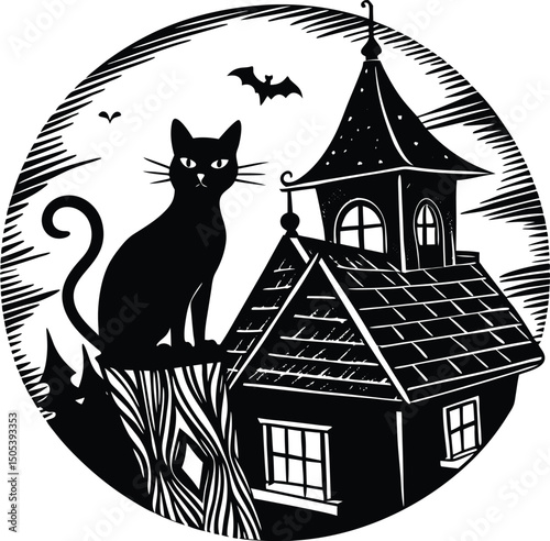 Silhouette of Black Cat Sitting on Haunted Roof