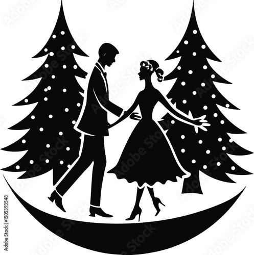 Silhouette of Couple Ice Skating by Christmas Tree