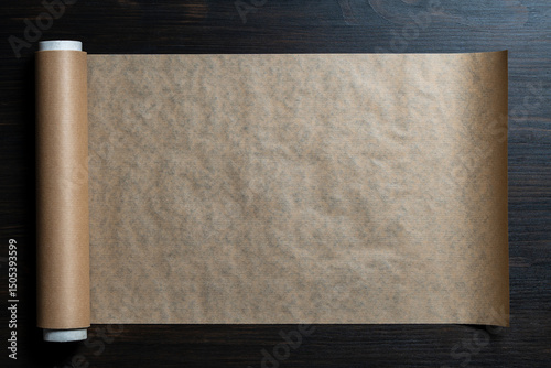 Roll of baking paper on wooden background, closeup, top view, copy space