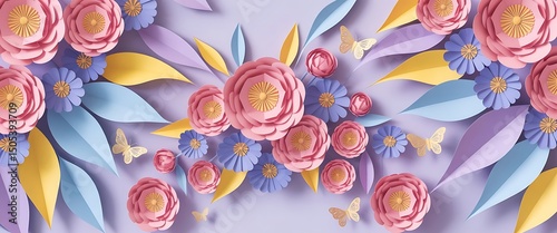 Colorful paper flowers arranged on a vibrant purple background, showcasing a variety of shapes and sizes.
