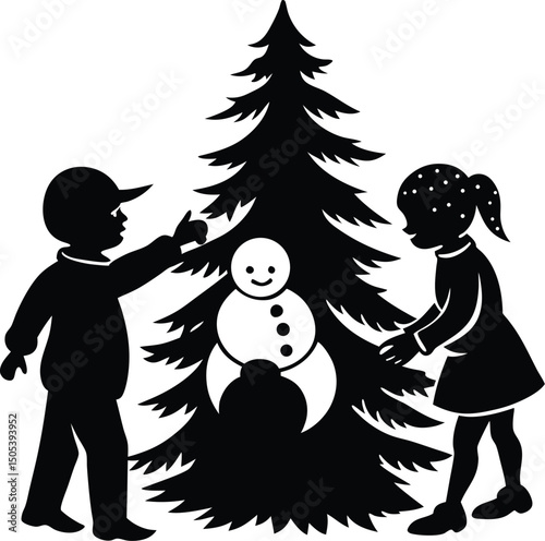 Silhouette of Kids Building a Snowman Under Pine Tree