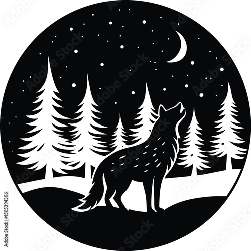 Silhouette of Wolf Under Northern Lights and Trees