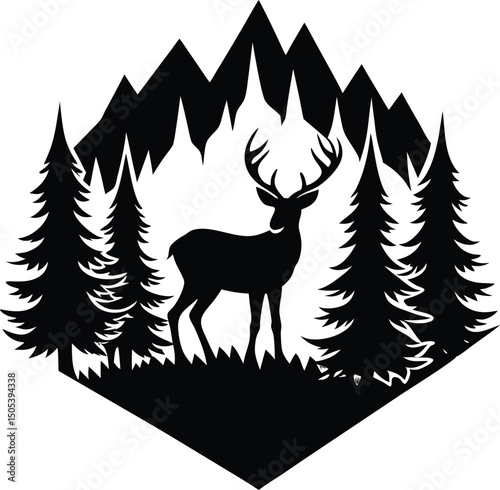 Silhouetted Deer on Foggy Mountain Forest Edge