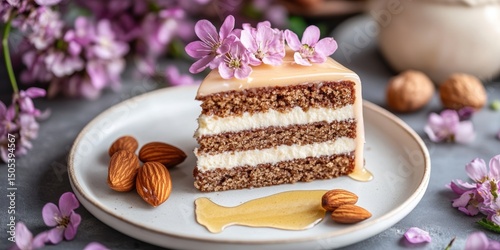Delectable Slice of Layered Honey Cake with Almond Glaze on White Plate, Rustic Setting