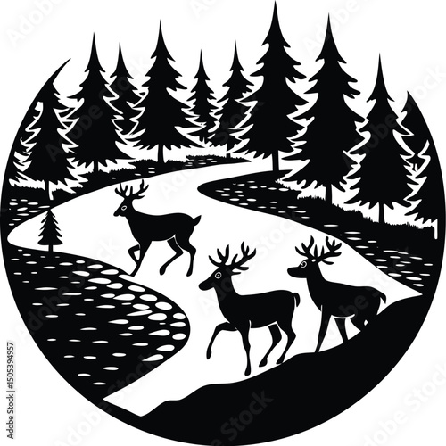 Small Group of Deer Crossing Forest River