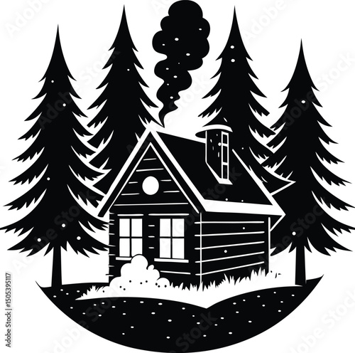 Snow Covered Cabin With Pine Trees and Smoke