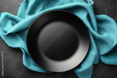 Empty matte black plate on turquoise fabric napkin over dark textured surface. Minimal top-down composition perfect for menu mockups, food blogs, restaurants, or elegant culinary presentations