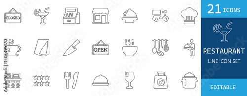 Restaurant line icon set. A clean and modern collection of 21 editable line icons featuring chef, fork, knife, dish, food, menu, cooking tools, kitchen, wine, plate, and dinner essentials