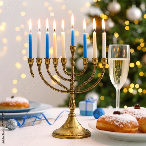 A rustic wooden table adorned with two colorful plates of assorted donuts, each topped with sprinkles, alongside three flickering candles in elegant holders.