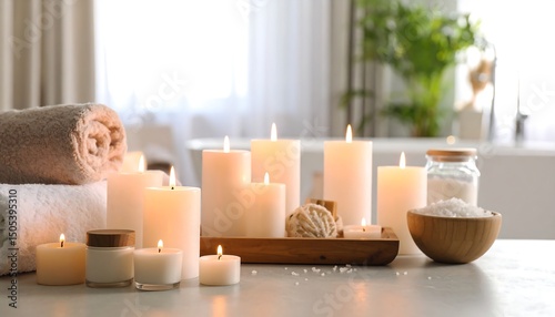 A soft, folded towel rests beside a flickering candle, casting a warm glow, while a decorative bowl filled with colorful stones sits on a rustic wooden table.