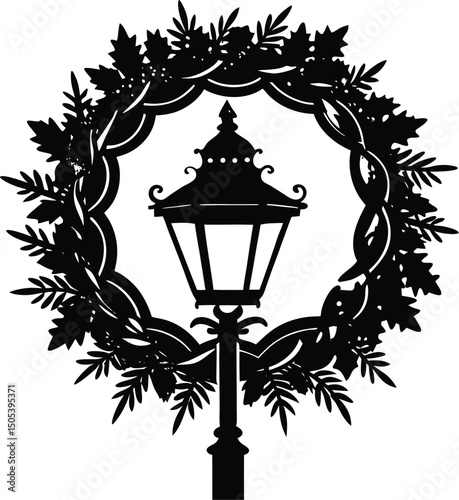 Snow Covered Street Lamp With Wreath