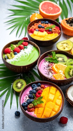 A vibrant assortment of fresh fruits, including apples, bananas, and berries, elegantly arranged in colorful bowls, creating a cheerful and inviting display.