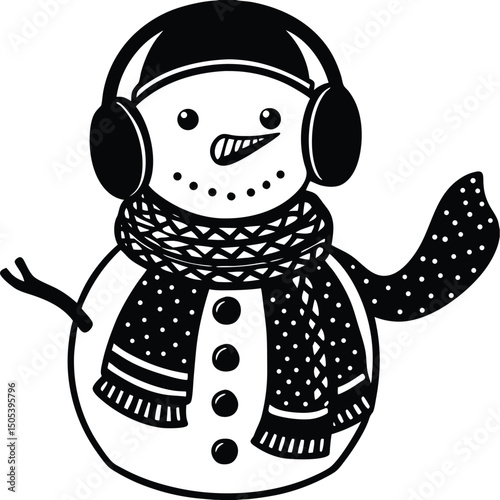 Snowman Wearing Earmuffs and Scarf