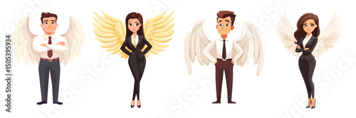 Business angel. Investor characters, support startup cartoon man woman with angel wings entrepreneurship help advisor sponsor partnership businessman founder vector illustration