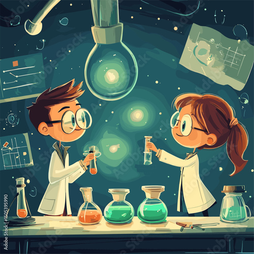 Cartoon kids scientists. Boy and girl doing chemistry experiment in school lab, child science concept scientific research laboratory children student education vector illustration