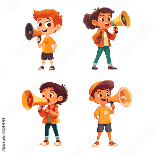 Cartoon kids with megaphone. Child promotion or protest, kid boy leader school girl loud speech shouting announcement children hold loudspeaker set, vector illustration
