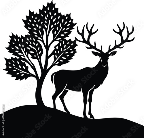 Stag Standing at Edge of Hill With Tree Backdrop