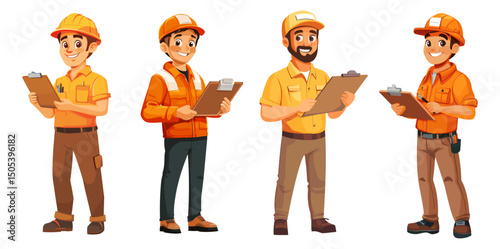 Engineer with clipboard characters. Repairman or construction worker with clipboard, cartoon builder in hardhat helmet guy delivery expeditor robe cartoon set vector illustration