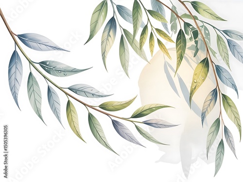 Watercolor painting of a willow tree with water droplets on a white background, showcasing delicate details and soft colors.
