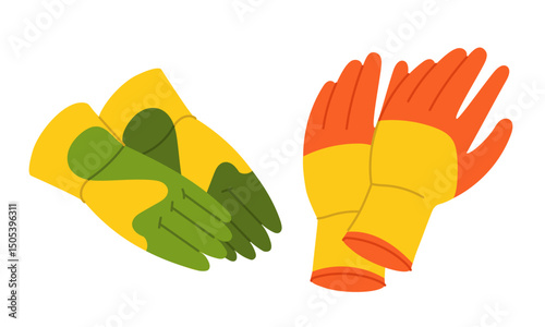 set of woven, rubber gloves. Diverse. Flat color isolated illustration. Gardening tools. Seasonal work. Agricultural crop items. Suitable for ecology, garden, cleaning, household, packaging design