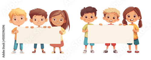 Kids holding blank banner. Cartoon children characters hold long placard, boy and girl with school billboard happy kid message cute child showing sign board vector illustration