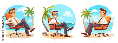 Office worker dreams of vacation. Employee happy man rest on work and think about summer travel holiday weekend, freelancer sea island palms cartoon landscape vector illustration