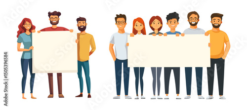 People holding blank banner. Cartoon man woman hold placard, teen young characters sign board empty poster group protest demonstration activist paper billboard vector illustration