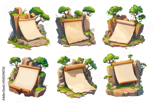 Sign board on stone. Signboard rock 2d rpg game assets, parchment paper scroll place for text template forest jungle western medieval signpost ancient banner set vector illustration