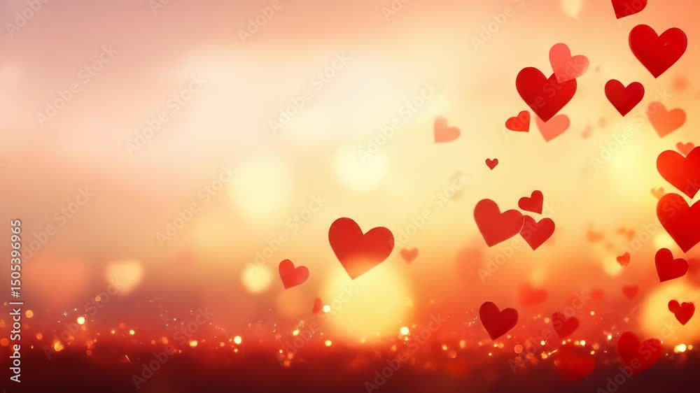 Romantic red heart shapes float gently over warm glowing background with soft bokeh lights creating loving atmosphere
